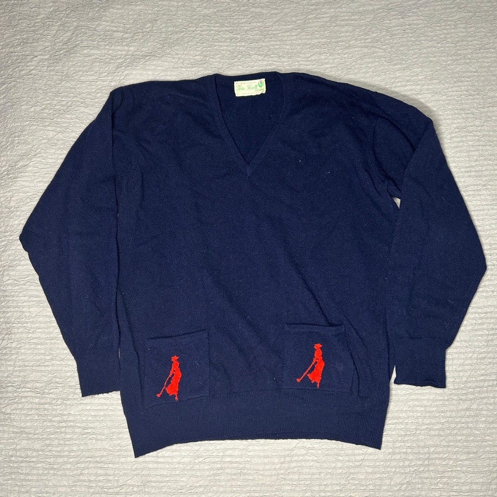 Vintage Tom Scott Navy Lambswool Golf Sweater V-Neck Scotland Red Golfer Pockets